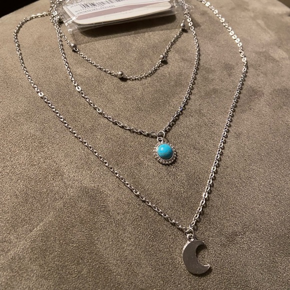 Boho Silver Moon Pendant Turquoise Layered Necklace - Picture 7 of 8